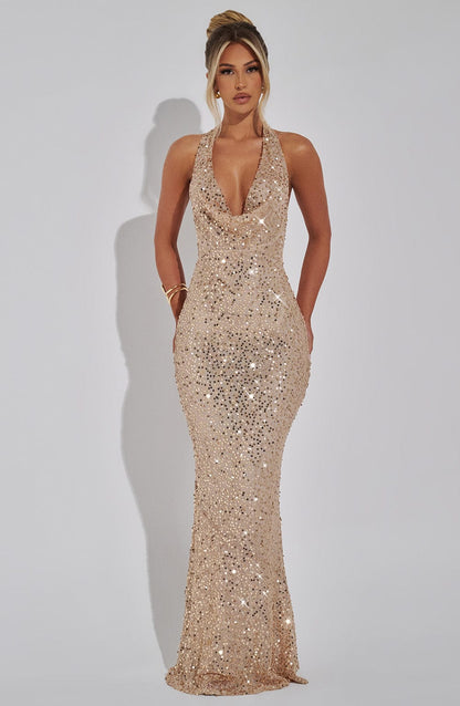 KALINA | GLITTER MAXI DRESS - Champagne Gold