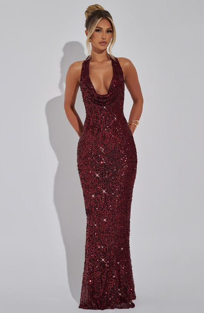KALINA | GLITTER MAXI DRESS - Wine Sparkle
