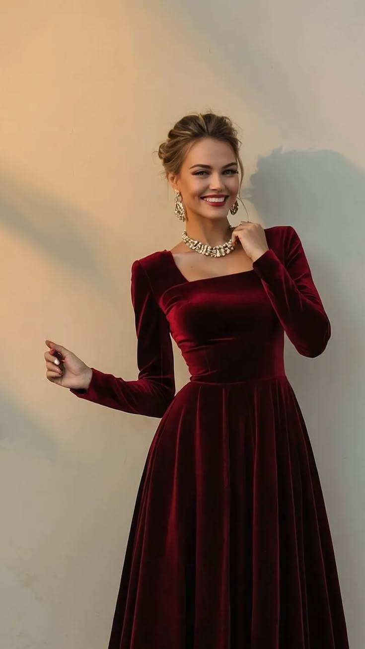 KALLIE | VELVET SQUARE NECK MAXI DRESS - Burgundy