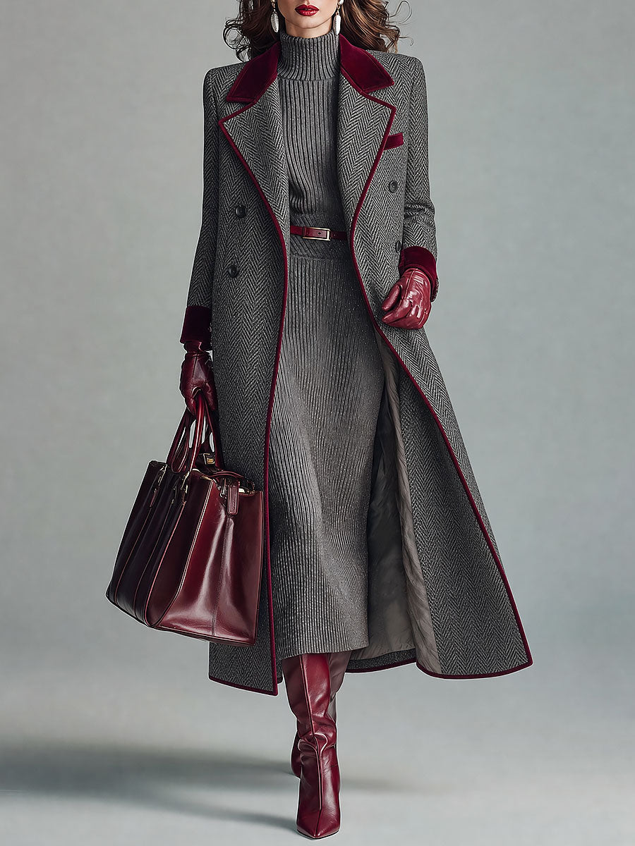 KAMILA | HERRINGBONE VELVET TRIM COAT - Gray