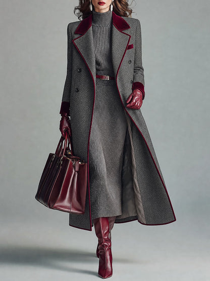 KAMILA | HERRINGBONE VELVET TRIM COAT - Gray