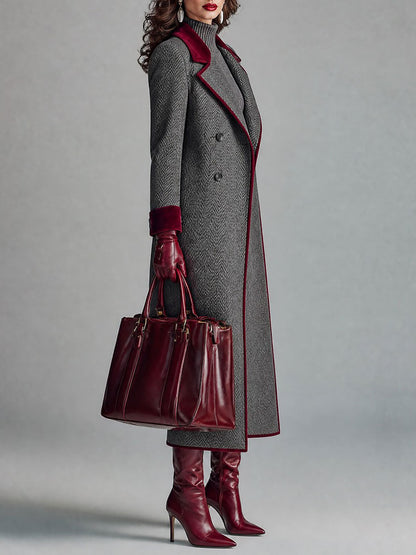 KAMILA | HERRINGBONE VELVET TRIM COAT - Gray