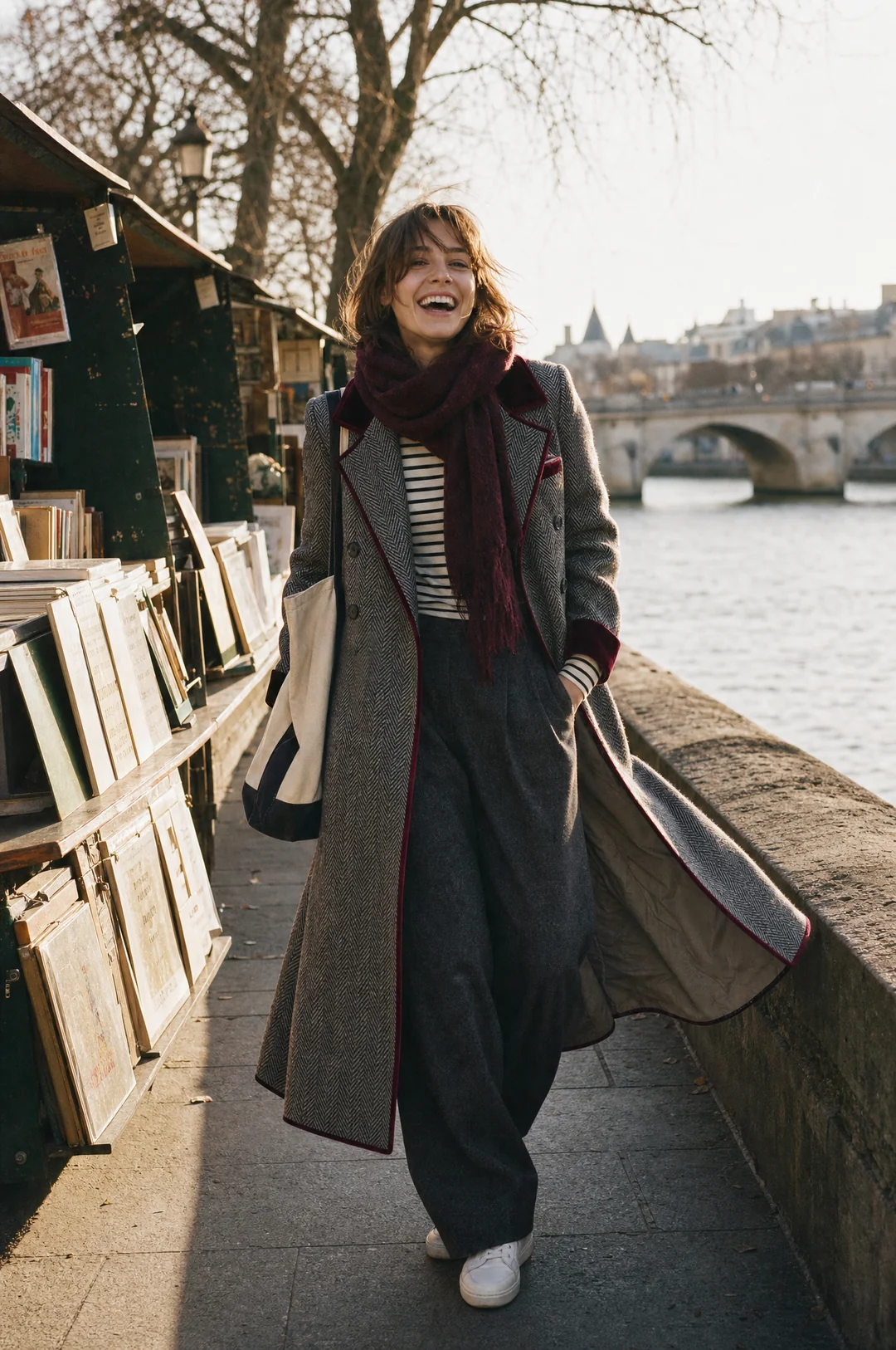 KAMILA | HERRINGBONE VELVET TRIM COAT - Gray