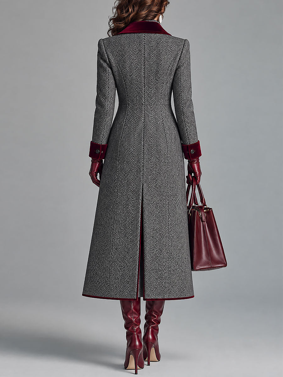 KAMILA | HERRINGBONE VELVET TRIM COAT - Gray
