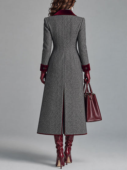 KAMILA | HERRINGBONE VELVET TRIM COAT - Gray