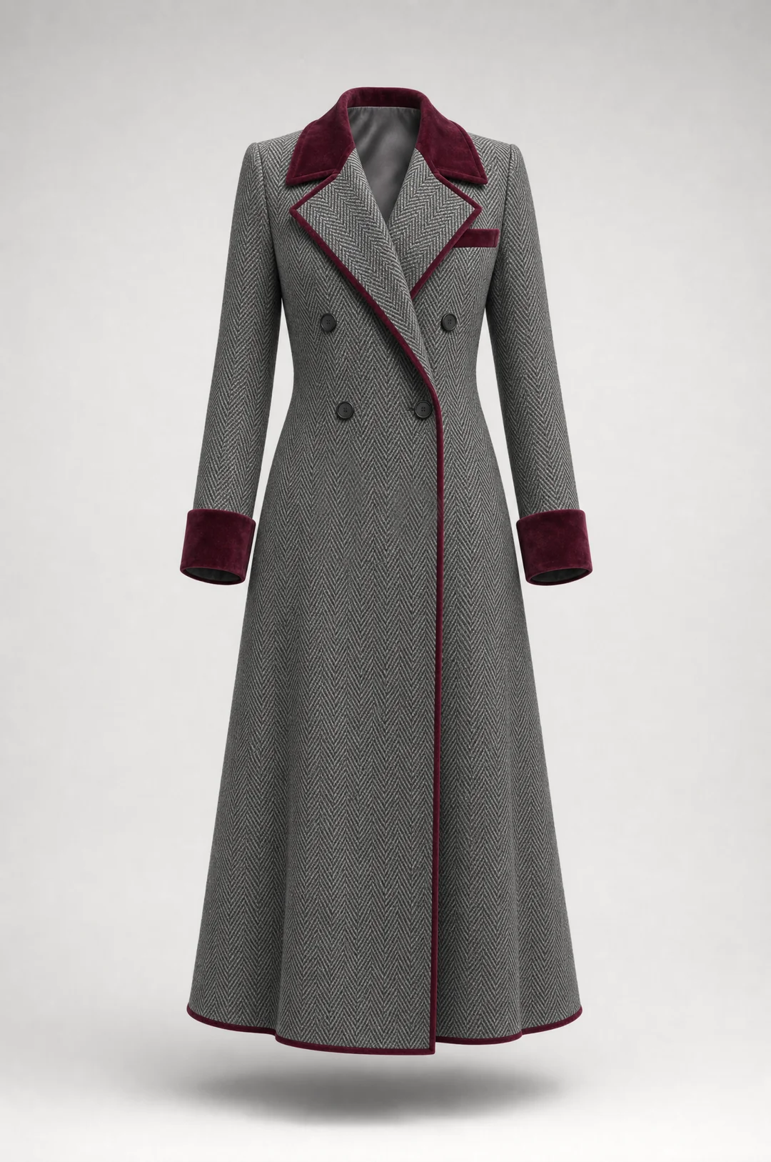 KAMILA | HERRINGBONE VELVET TRIM COAT - Gray