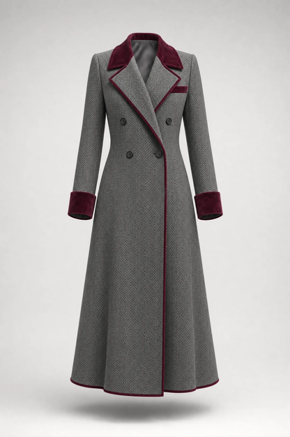 KAMILA | HERRINGBONE VELVET TRIM COAT - Gray