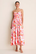 KAMILLE | RUCHED SWEETHEART WATERCOLOR MIDI DRESS - Pink Watercolor Floral