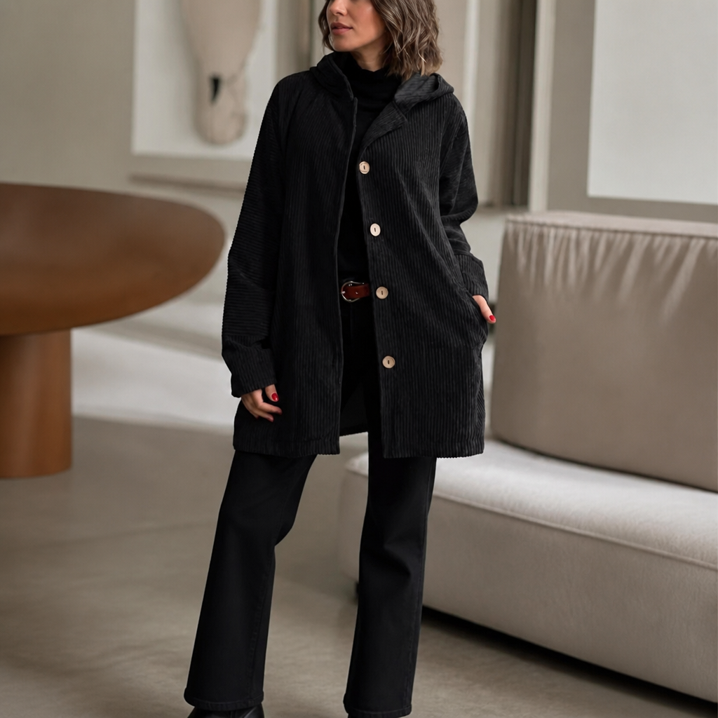 KAMRYN | RIBBED CORDUROY HOODED OVERSHIRT - Black
