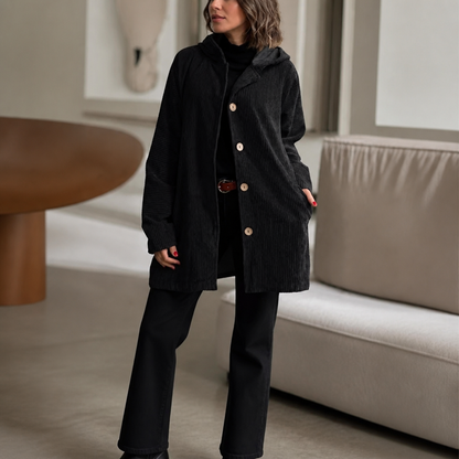 KAMRYN | RIBBED CORDUROY HOODED OVERSHIRT - Black
