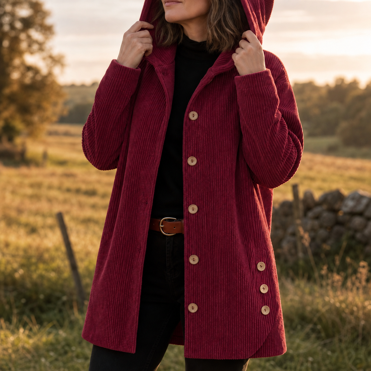 KAMRYN | RIBBED CORDUROY HOODED OVERSHIRT - Bordeaux