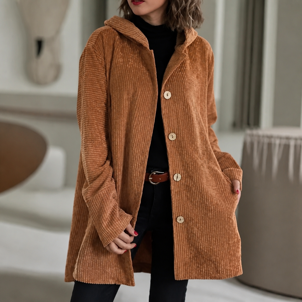 KAMRYN | RIBBED CORDUROY HOODED OVERSHIRT - Light Brown