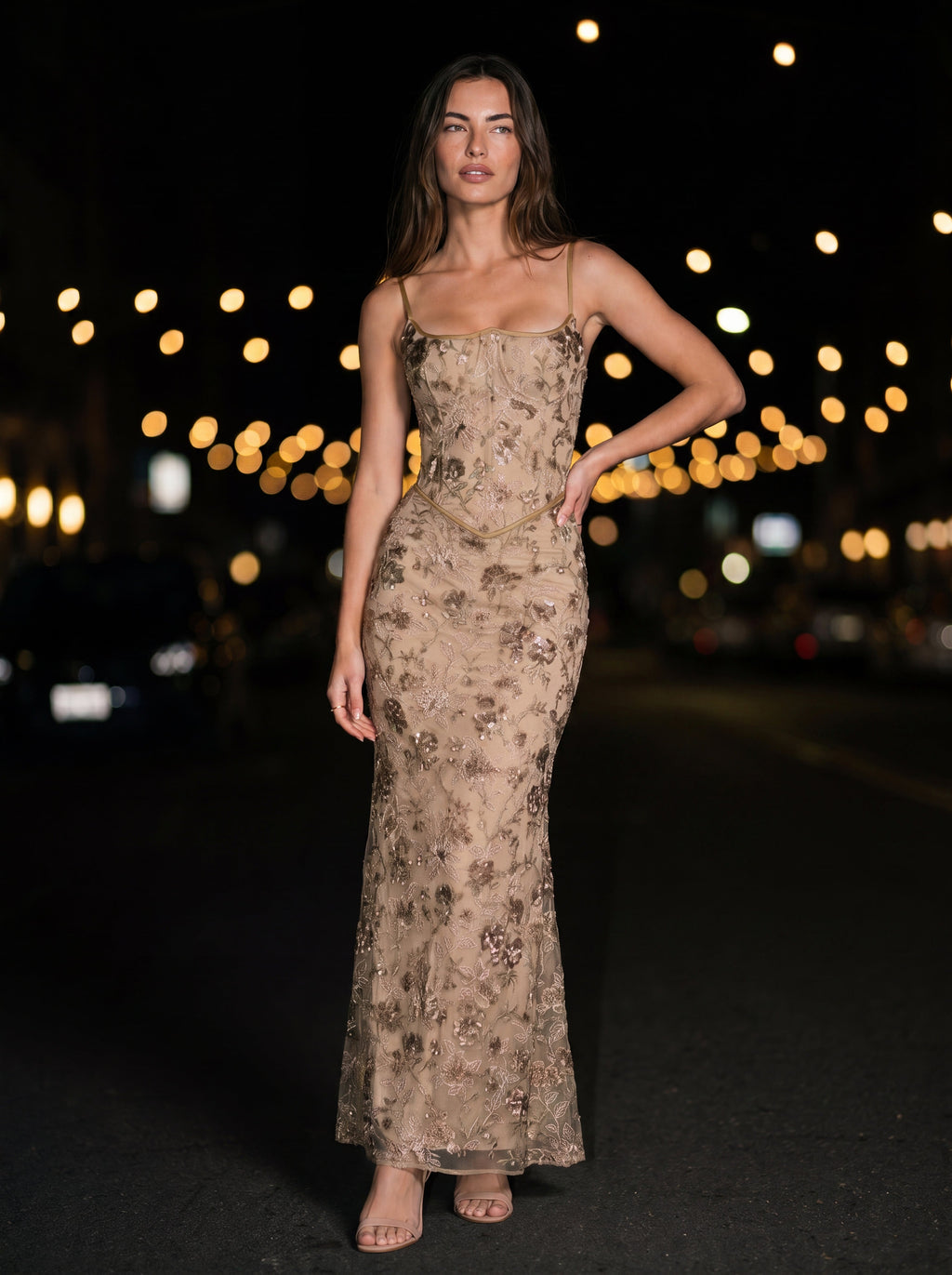 KARENZA | EMBELLISHED FLORAL TULLE MAXI DRESS - Champagne Floral