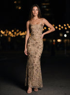 KARENZA | EMBELLISHED FLORAL TULLE MAXI DRESS - Champagne Floral