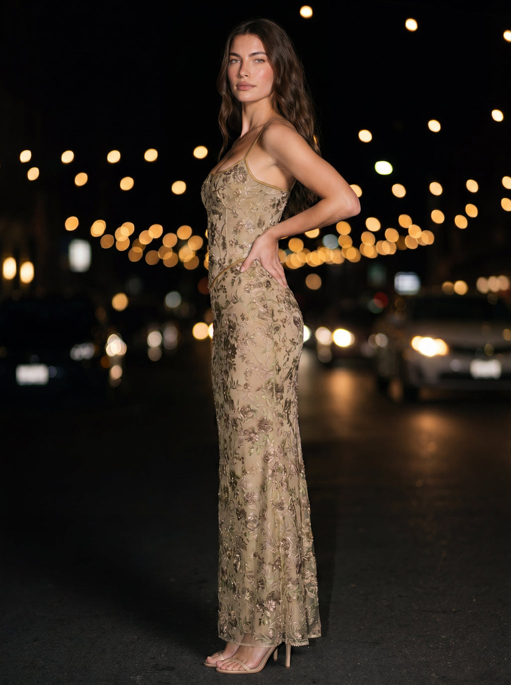 KARENZA | EMBELLISHED FLORAL TULLE MAXI DRESS - Champagne Floral
