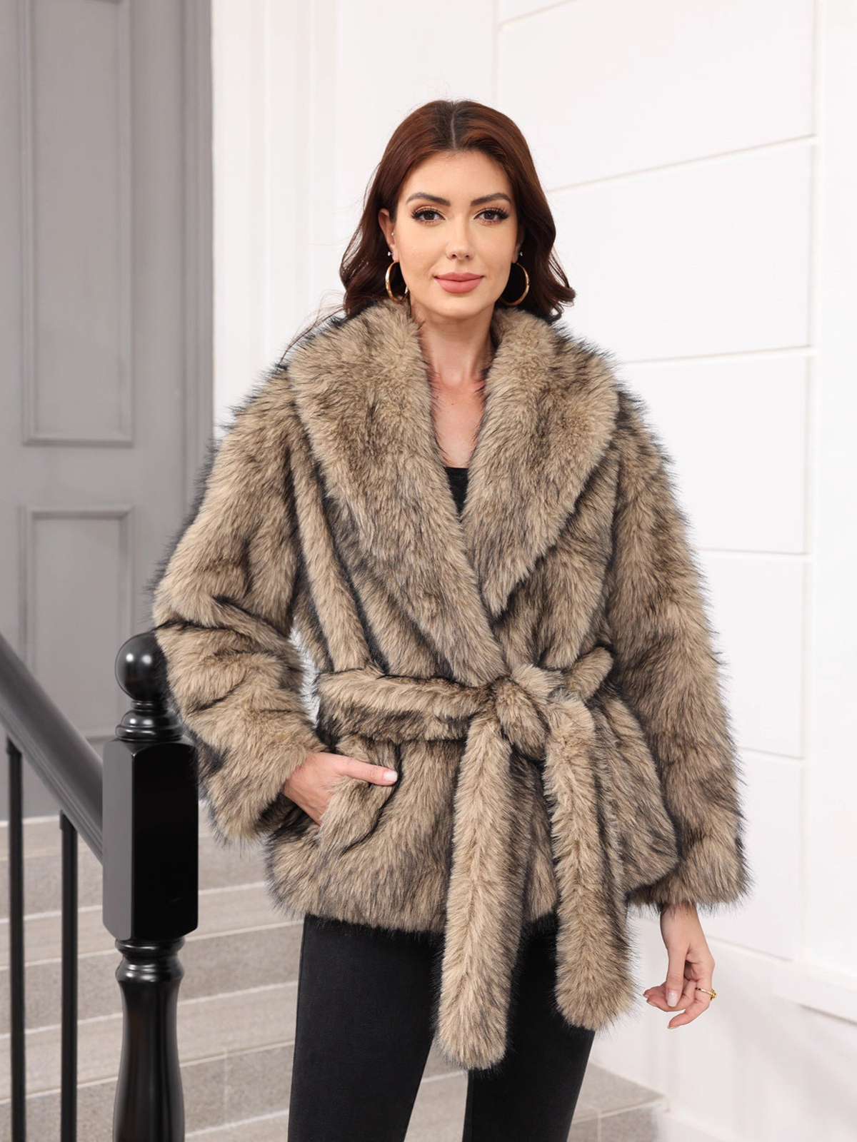 KARIS | SHAWL COLLAR FAUX FUR JACKET - Apricot