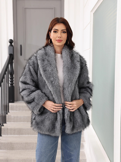 KARIS | SHAWL COLLAR FAUX FUR JACKET - Gray