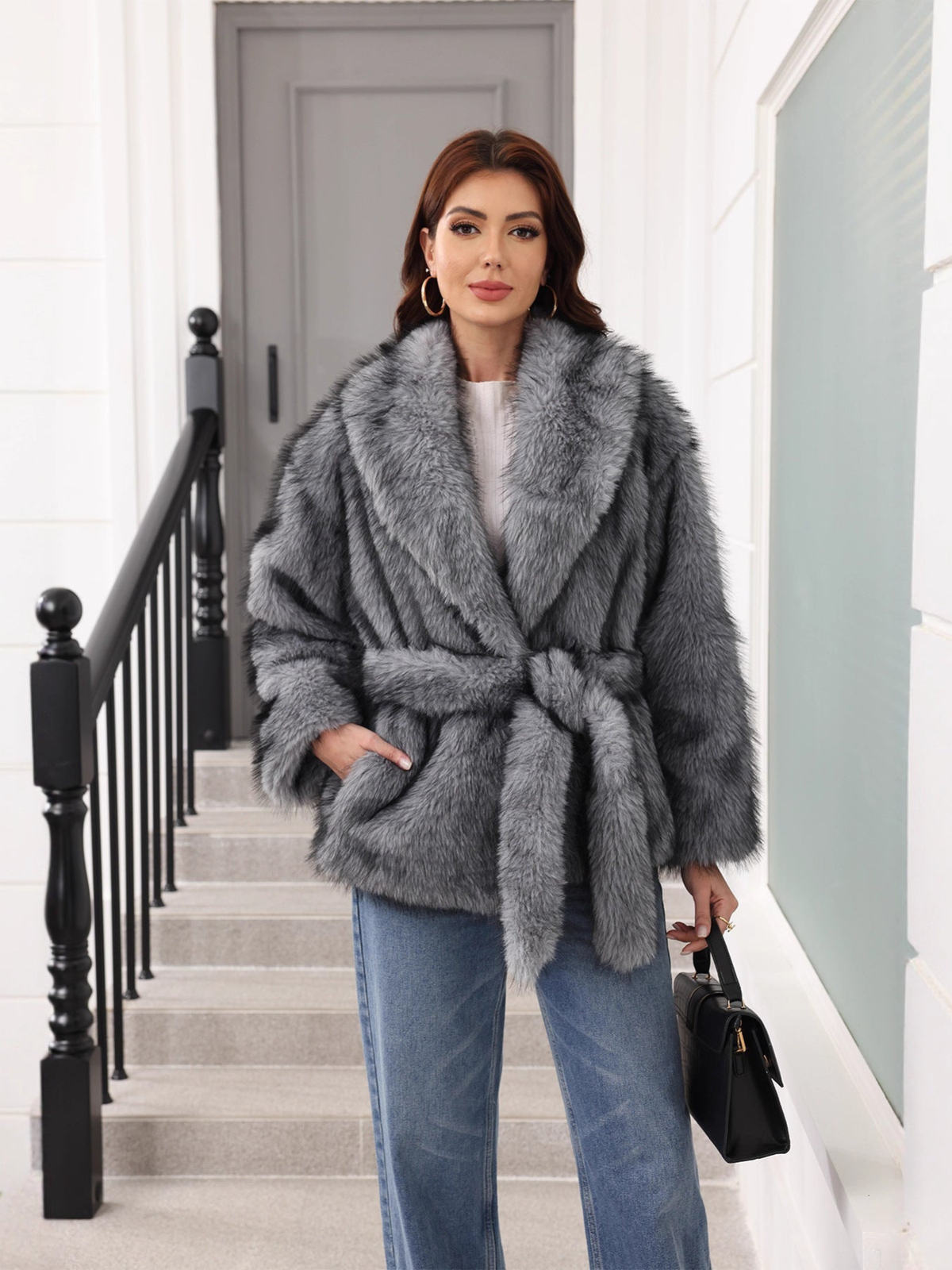 KARIS | SHAWL COLLAR FAUX FUR JACKET - Gray