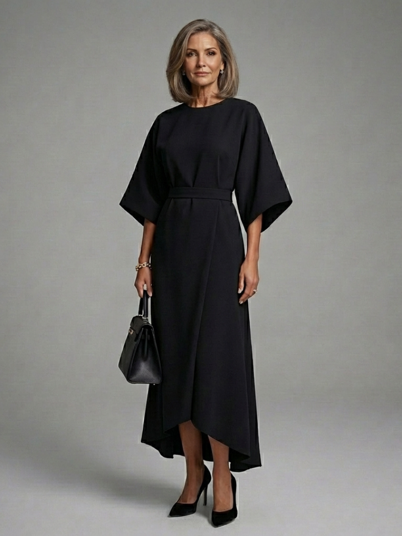 KAROLINA | BELTED ASYMMETRIC HEM MIDI DRESS - Black