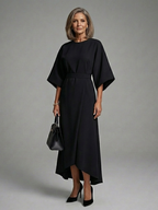KAROLINA | BELTED ASYMMETRIC HEM MIDI DRESS - Black