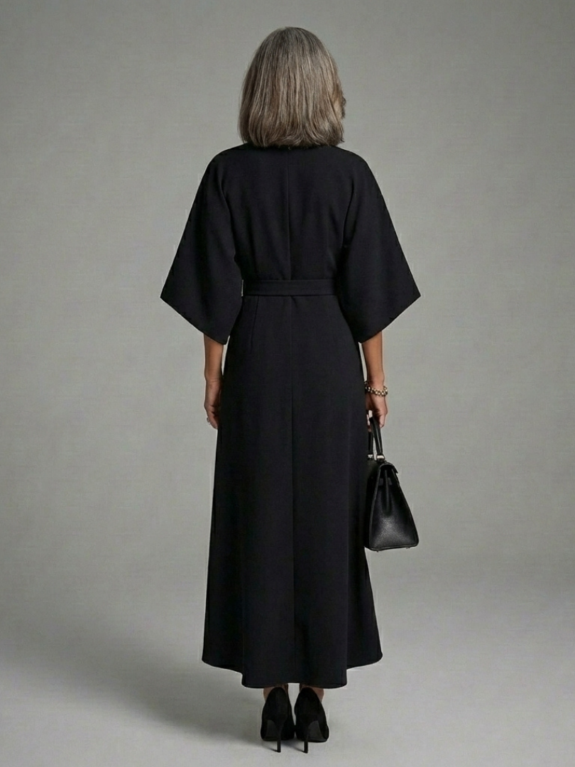 KAROLINA | BELTED ASYMMETRIC HEM MIDI DRESS - Black