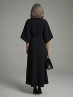 KAROLINA | BELTED ASYMMETRIC HEM MIDI DRESS - Black