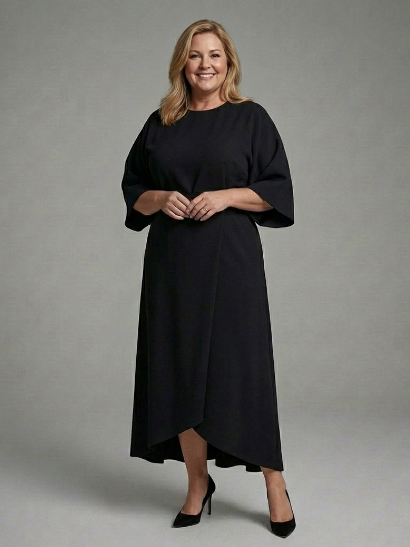 KAROLINA | BELTED ASYMMETRIC HEM MIDI DRESS - Black