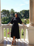 KAROLINA | BELTED ASYMMETRIC HEM MIDI DRESS - Black