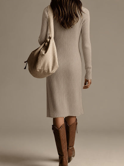 KARSYN | RIBBED KNIT HIGH NECK MIDI DRESS - Taupe