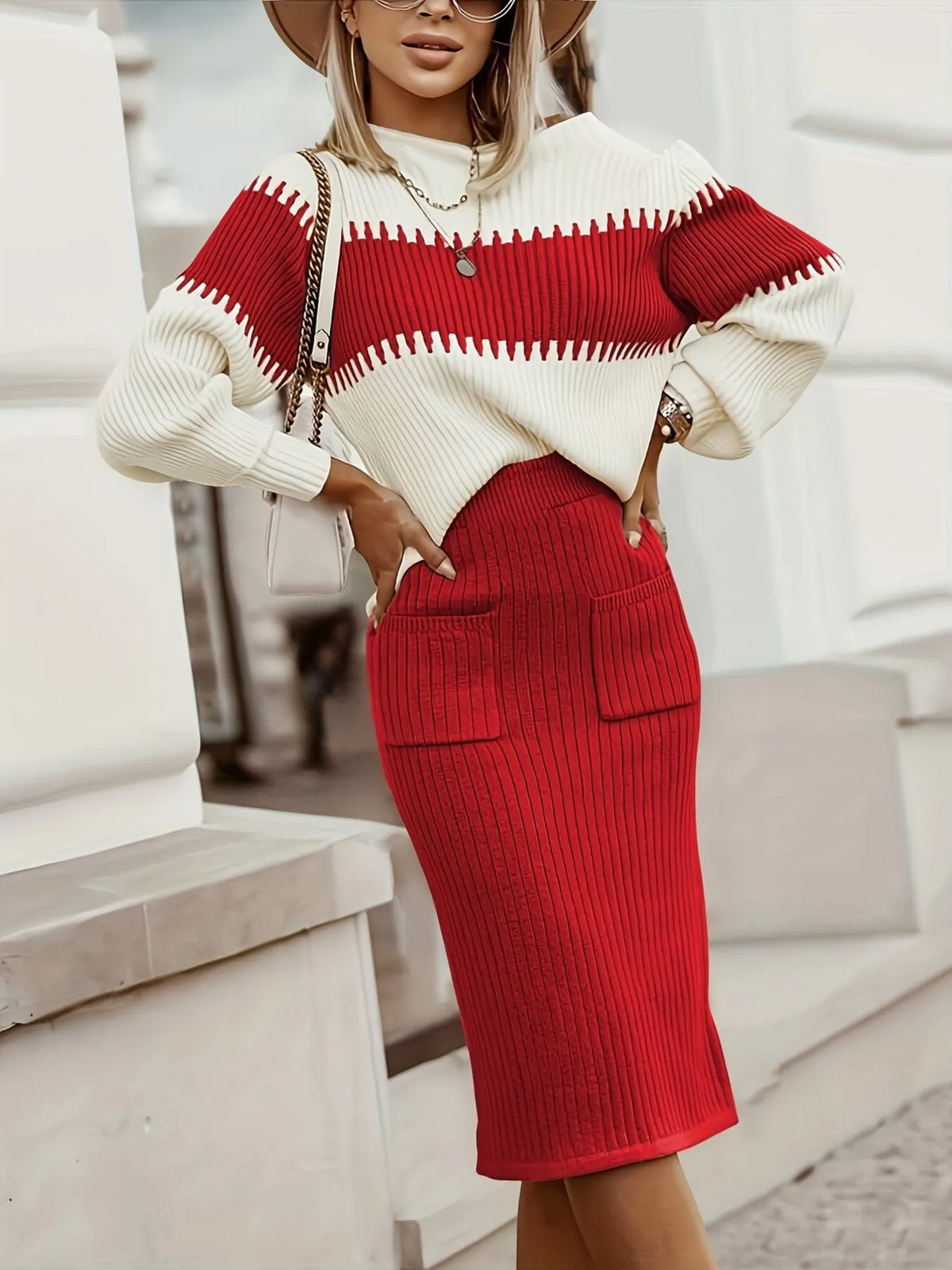 KARYS | TWO-TONE RIBBED KNIT SET - Red
