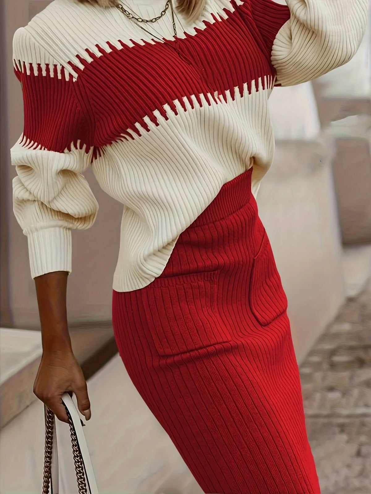 KARYS | TWO-TONE RIBBED KNIT SET - Red
