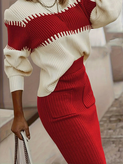 KARYS | TWO-TONE RIBBED KNIT SET - Red
