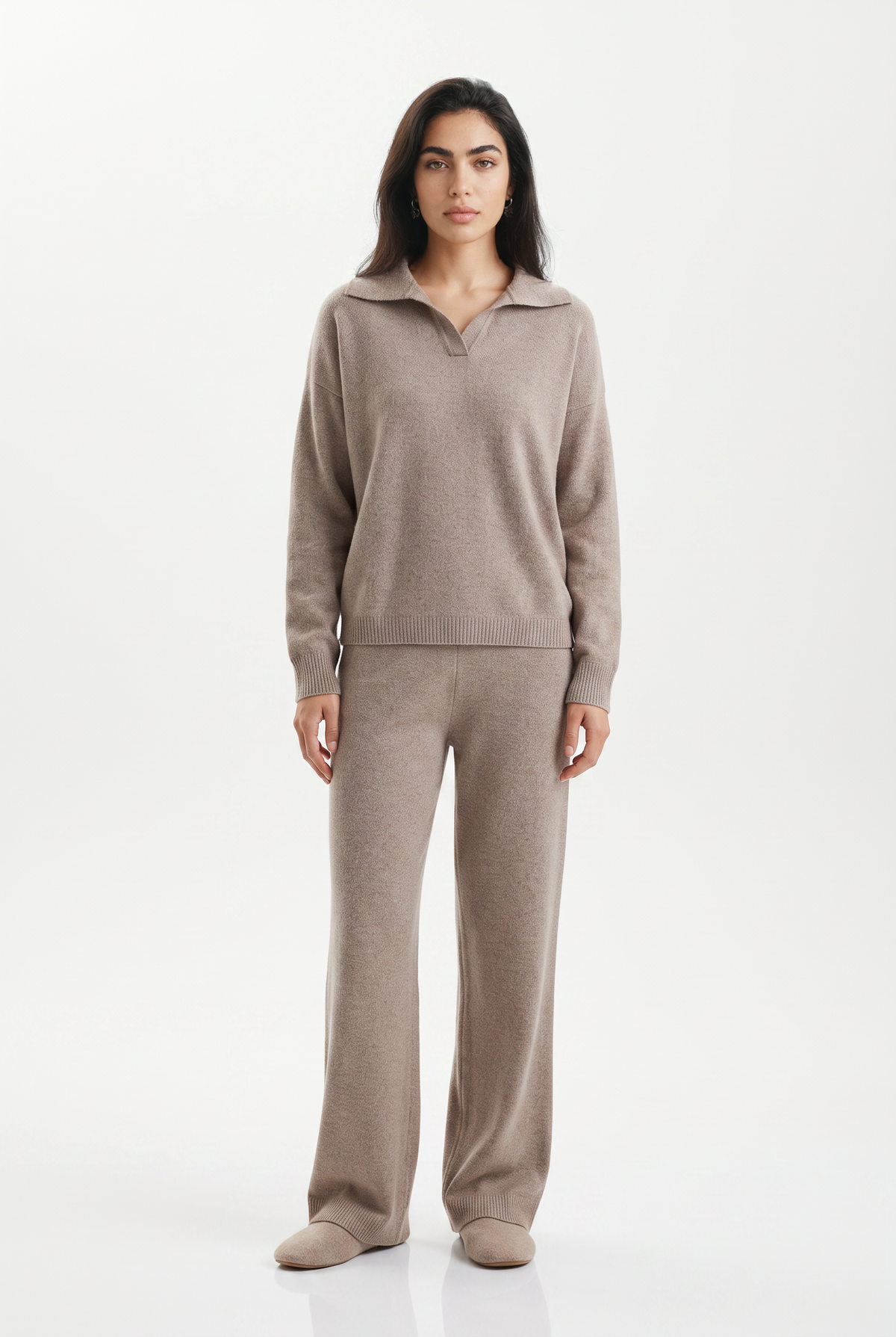 KASSIAN | POLO COLLAR WIDE LEG TROUSER SET - Beige