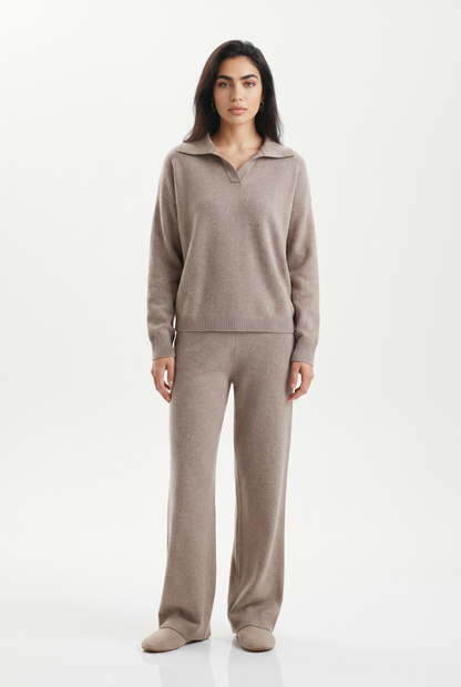 KASSIAN | POLO COLLAR WIDE LEG TROUSER SET - Beige