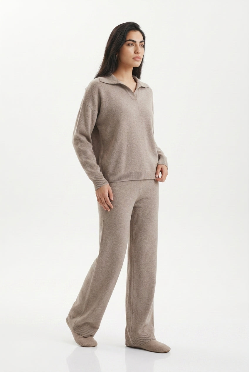 KASSIAN | POLO COLLAR WIDE LEG TROUSER SET - Beige