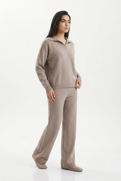KASSIAN | POLO COLLAR WIDE LEG TROUSER SET - Beige