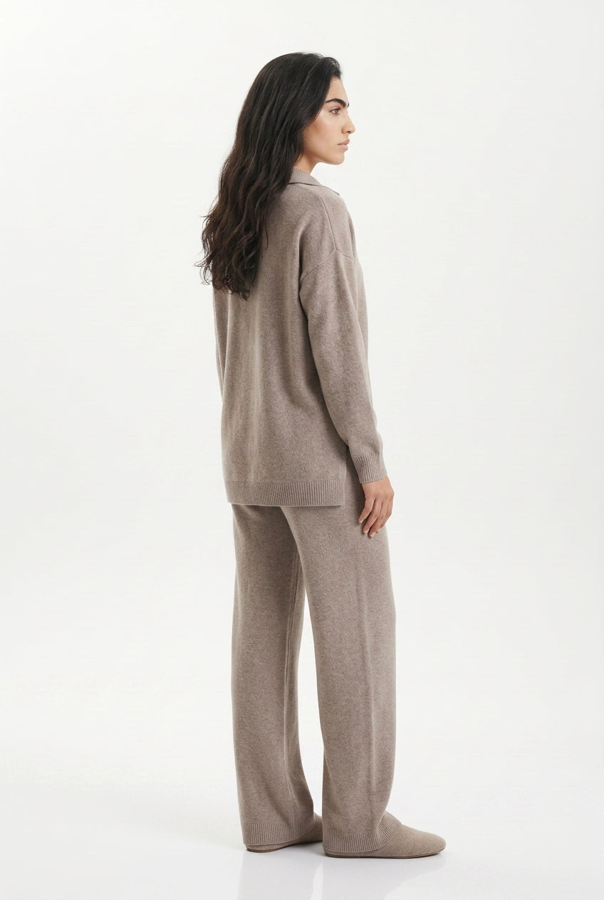 KASSIAN | POLO COLLAR WIDE LEG TROUSER SET - Beige
