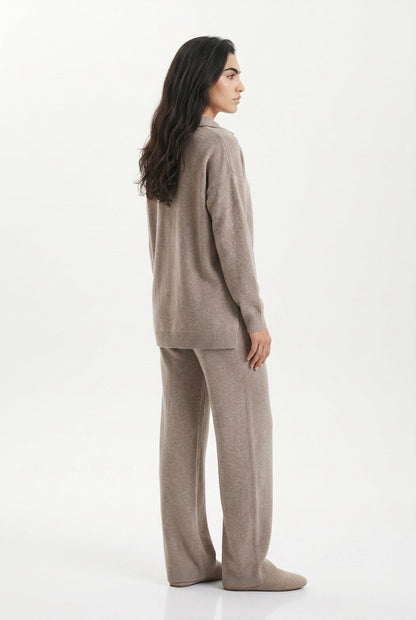 KASSIAN | POLO COLLAR WIDE LEG TROUSER SET - Beige
