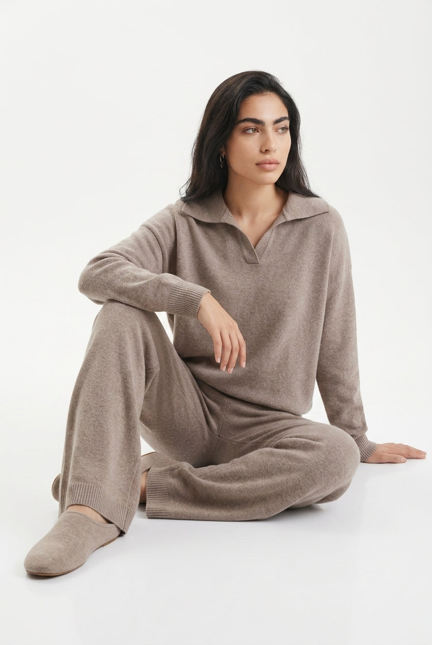 KASSIAN | POLO COLLAR WIDE LEG TROUSER SET - Beige