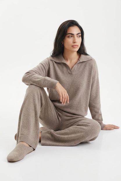 KASSIAN | POLO COLLAR WIDE LEG TROUSER SET - Beige
