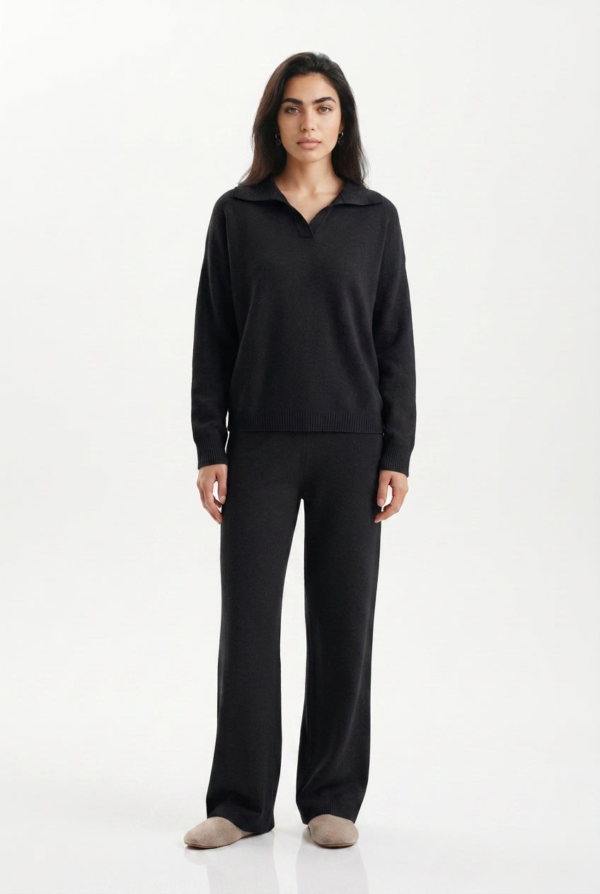 KASSIAN | POLO COLLAR WIDE LEG TROUSER SET - Black