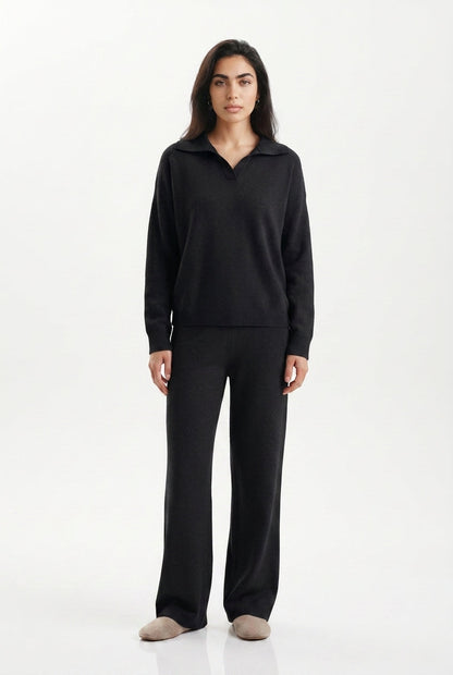KASSIAN | POLO COLLAR WIDE LEG TROUSER SET - Black