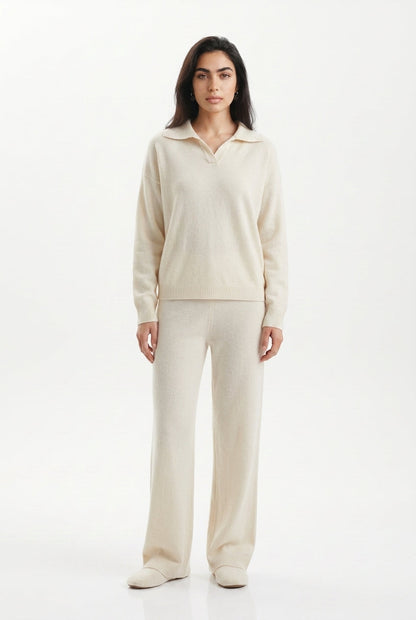 KASSIAN | POLO COLLAR WIDE LEG TROUSER SET - Cream