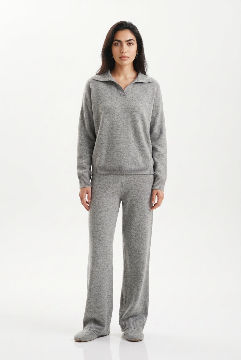 KASSIAN | POLO COLLAR WIDE LEG TROUSER SET - Gray