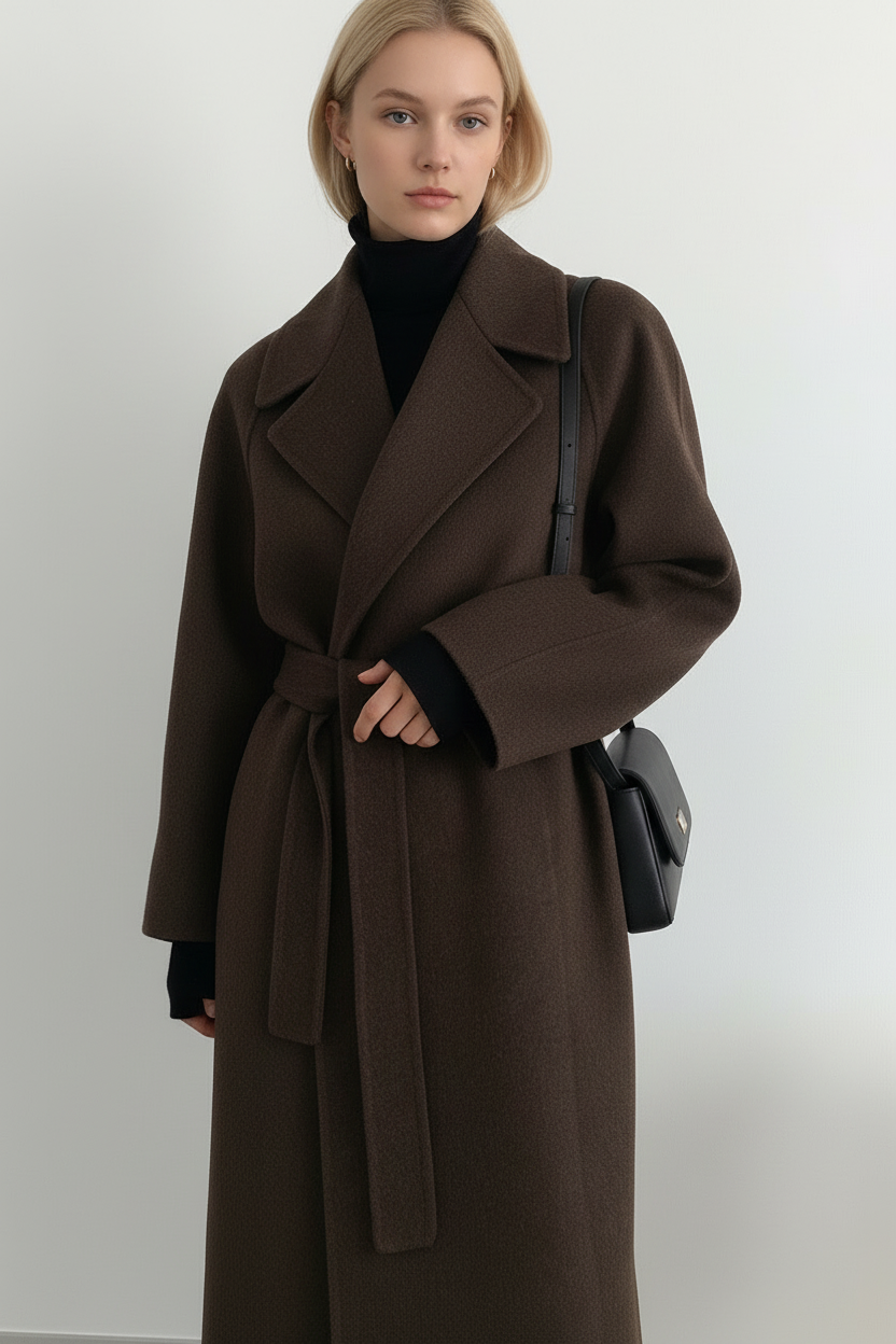 KATELL | BELTED LONGLINE COAT - Chocolate Brown