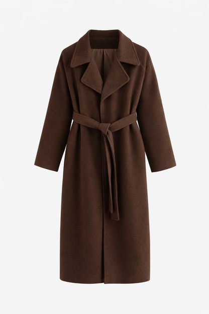 KATELL | BELTED LONGLINE COAT - Chocolate Brown