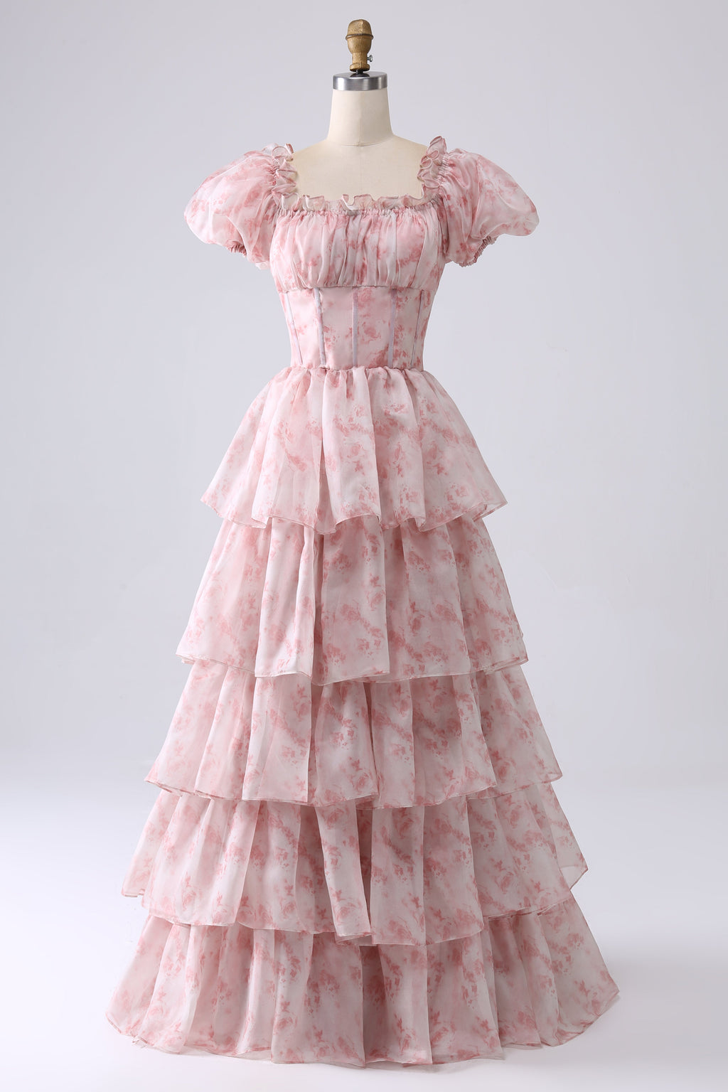 KATERI | SQUARE NECK TIERED RUFFLE MAXI DRESS - Blush Pink Floral