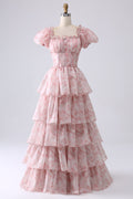 KATERI | SQUARE NECK TIERED RUFFLE MAXI DRESS - Blush Pink Floral