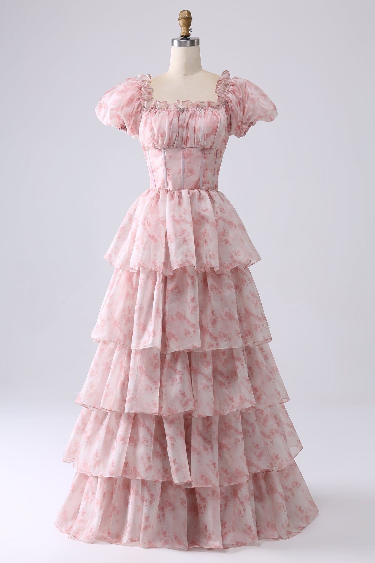 KATERI | SQUARE NECK TIERED RUFFLE MAXI DRESS - Blush Pink Floral