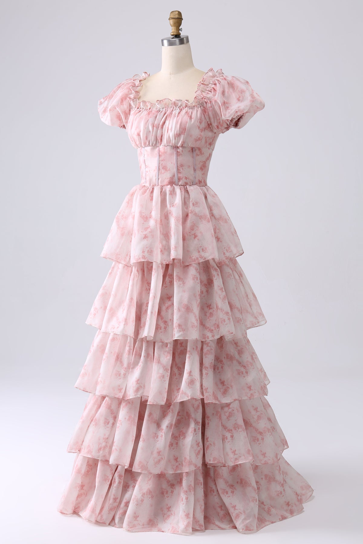 KATERI | SQUARE NECK TIERED RUFFLE MAXI DRESS - Blush Pink Floral